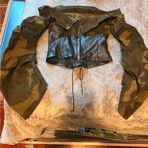Camouflage and Black Leather Top